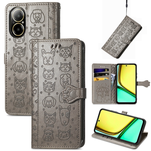 

For Realme C67 4G Cat and Dog Embossed Leather Phone Case(Grey)