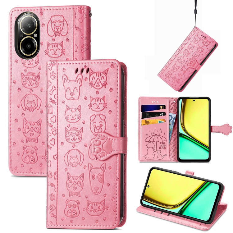 

For Realme C67 4G Cat and Dog Embossed Leather Phone Case(Pink)