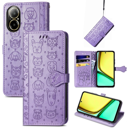 

For Realme C67 4G Cat and Dog Embossed Leather Phone Case(Purple)