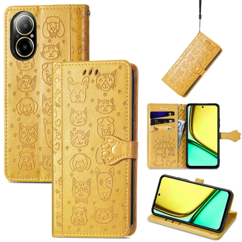 

For Realme C67 4G Cat and Dog Embossed Leather Phone Case(Yellow)