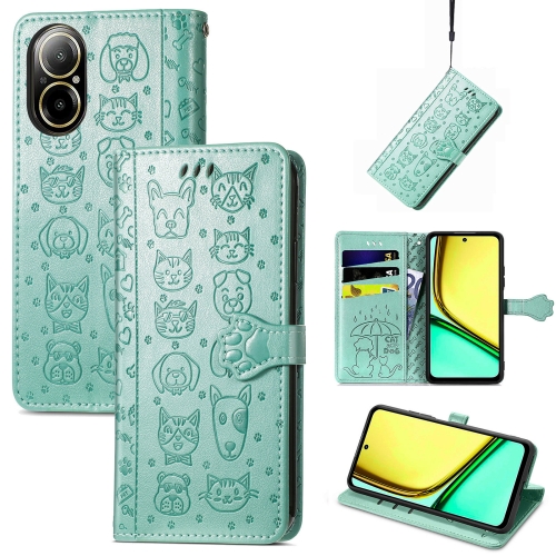 

For Realme C67 4G Cat and Dog Embossed Leather Phone Case(Green)