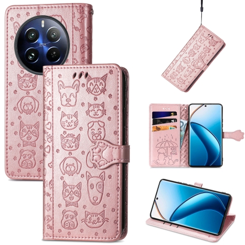 

For Realme 12 Pro Cat and Dog Embossed Leather Phone Case(Rose Gold)