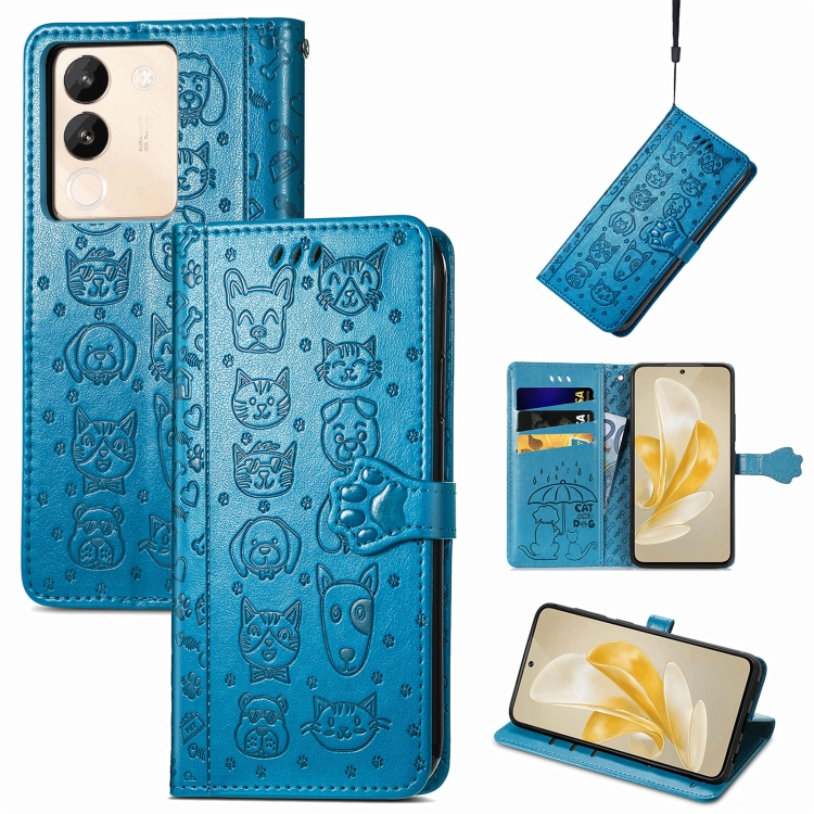 

For vivo V29e / Y200 Cat and Dog Embossed Leather Phone Case(Blue)