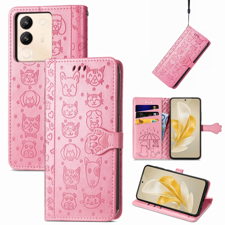 For vivo V29e Y200 Cat and Dog Embossed Leather Phone Case(Pink)