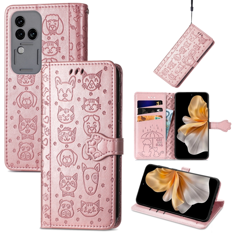 

For vivo S18 Pro Cat and Dog Embossed Leather Phone Case(Rose Gold)