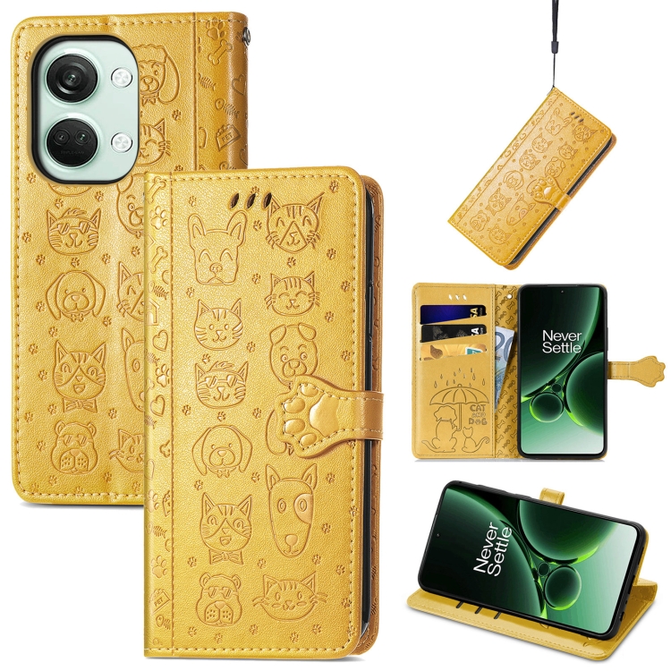 

For OnePlus Nord 3 Cat and Dog Embossed Leather Phone Case(Yellow)