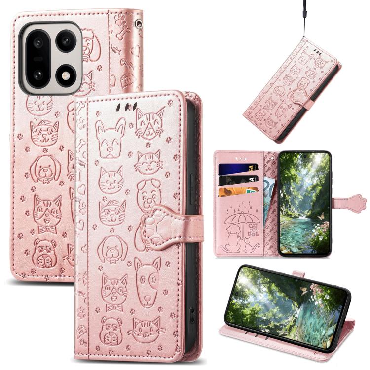 For OnePlus 16 5G Cat and Dog Embossed Leather Phone Case(Rose Gold)