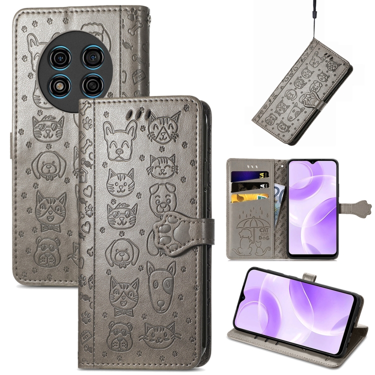 

For Ulefone Note 15 Cat and Dog Embossed Leather Phone Case(Grey)