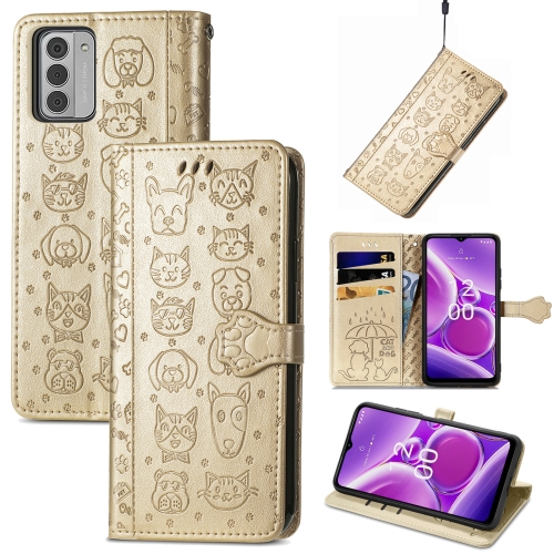 

For Nokia G42 Cat and Dog Embossed Leather Phone Case(Gold)