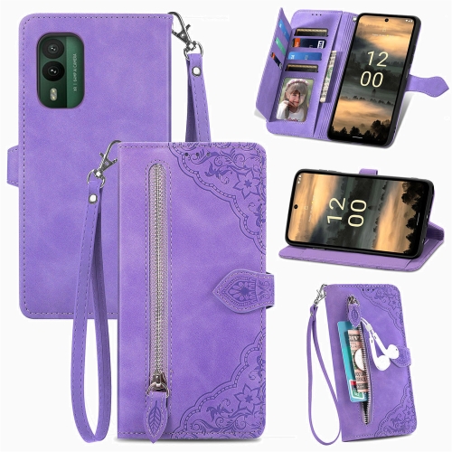 

For Nokia XR21 Embossed Flower Zipper Leather Phone Case(Purple)