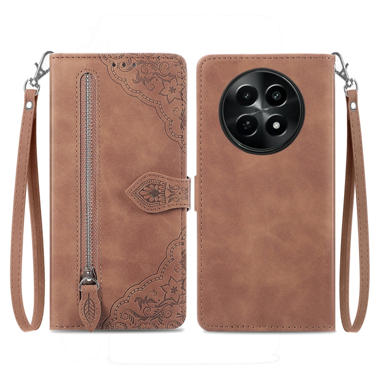 

For Realme 12 Embossed Flower Zipper Leather Phone Case(Brown)