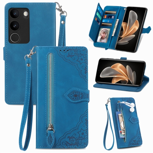 

For vivo V29 5G Embossed Flower Zipper Leather Phone Case(Blue)