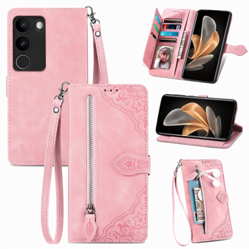 

For vivo V29 5G Embossed Flower Zipper Leather Phone Case(Pink)