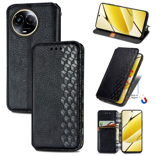 

For Realme 11 5G Global Cubic Grid Pressed Magnetic Leather Phone Case(Black)