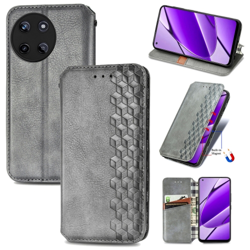 

For Realme 11 4G Global Cubic Grid Pressed Magnetic Leather Phone Case(Grey)