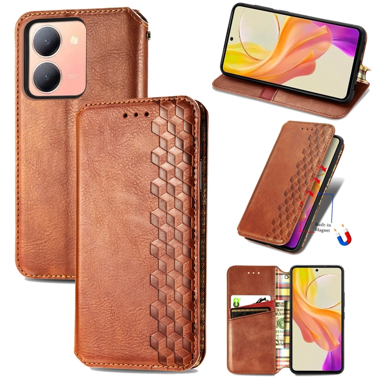 

For vivo Y78 Cubic Grid Pressed Magnetic Leather Phone Case(Brown)
