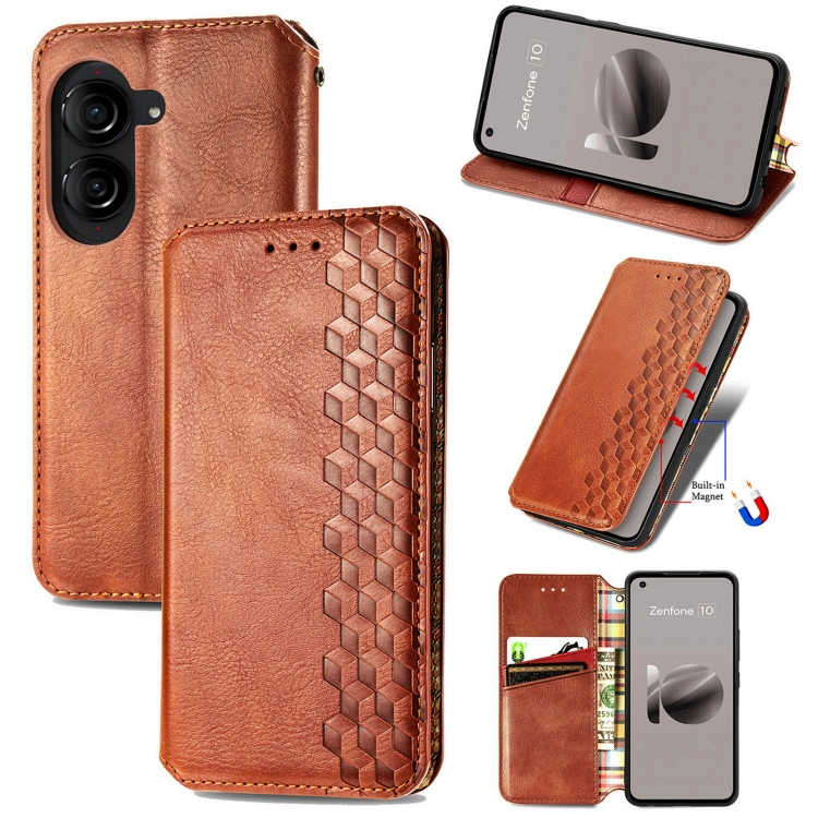 

For ASUS Zenfone 10 Cubic Grid Pressed Magnetic Leather Phone Case(Brown)