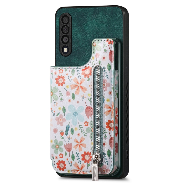 

For Samsung Galaxy A50 Retro Painted Zipper Wallet Back Phone Case(Green)