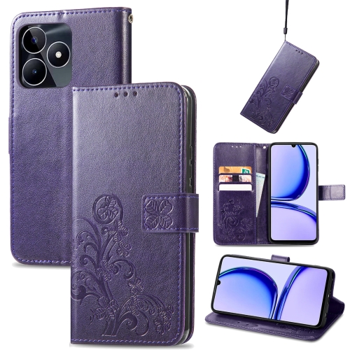 

For Realme C53 Four-leaf Clasp Embossed Buckle Leather Phone Case(Purple)