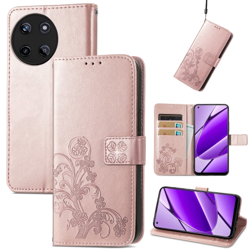 For Realme 11 4G Global Four-leaf Clasp Embossed Buckle Leather Phone Case(Rose Gold) for realme c67 4g global 7 petal flowers embossing leather phone case rose gold