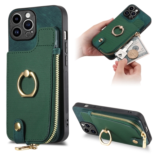 

For iPhone 15 Pro Max Cross Leather Ring Vertical Zipper Wallet Back Phone Case(Green)