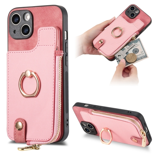 

For iPhone 15 Cross Leather Ring Vertical Zipper Wallet Back Phone Case(Pink)