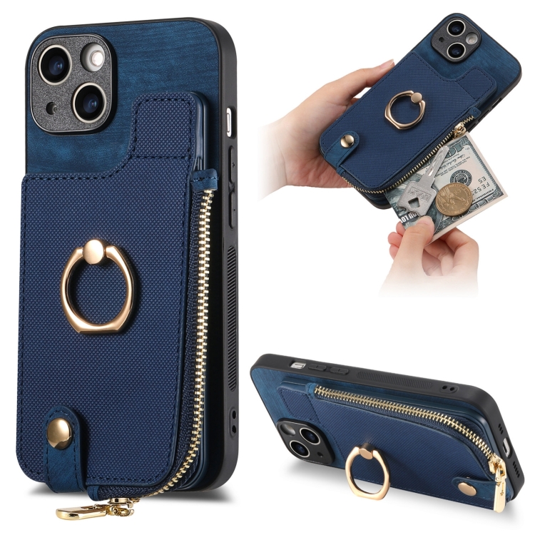 

For iPhone 14 Plus Cross Leather Ring Vertical Zipper Wallet Back Phone Case(Blue)