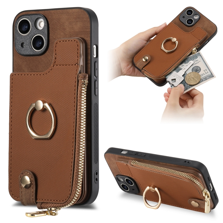 

For iPhone 14 Cross Leather Ring Vertical Zipper Wallet Back Phone Case(Brown)