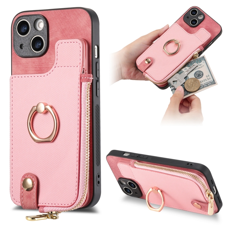 

For iPhone 14 Cross Leather Ring Vertical Zipper Wallet Back Phone Case(Pink)