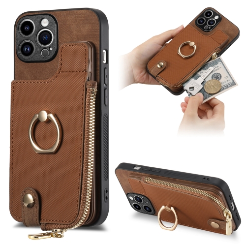 

For iPhone 14 Pro Cross Leather Ring Vertical Zipper Wallet Back Phone Case(Brown)