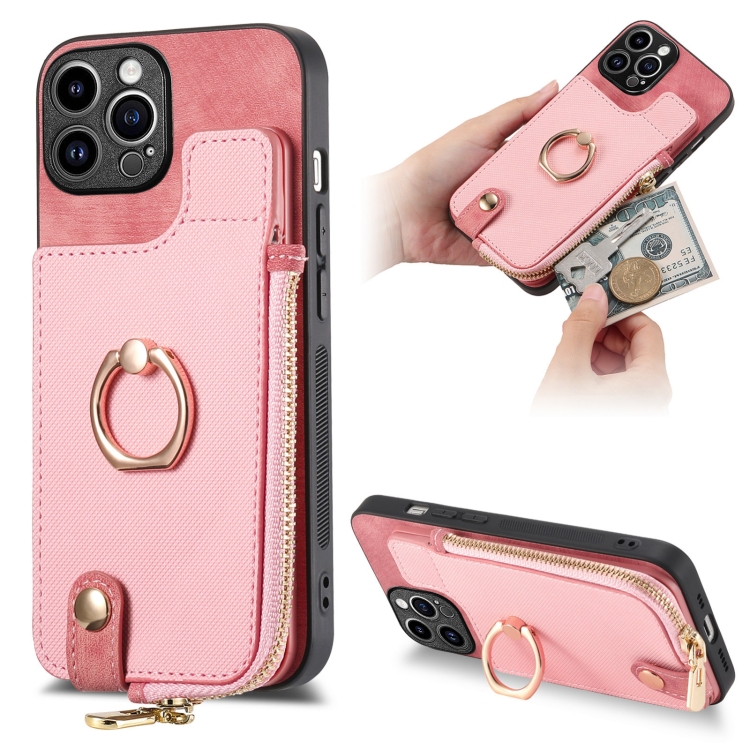 

For iPhone 14 Pro Cross Leather Ring Vertical Zipper Wallet Back Phone Case(Pink)