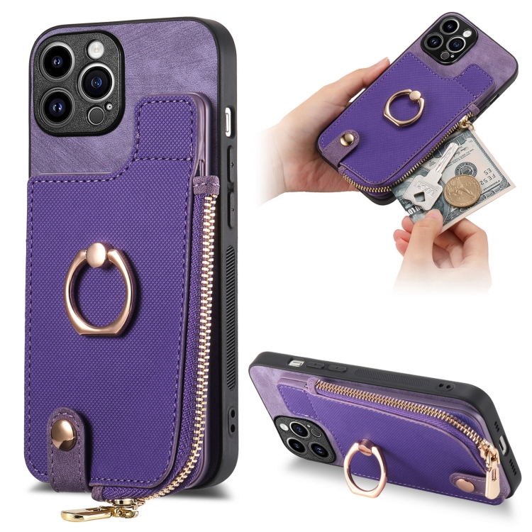 

For iPhone 14 Pro Max Cross Leather Ring Vertical Zipper Wallet Back Phone Case(Purple)