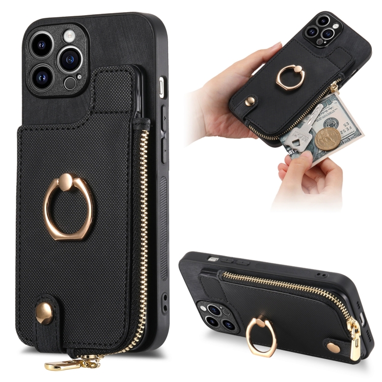

For iPhone 14 Pro Max Cross Leather Ring Vertical Zipper Wallet Back Phone Case(Black)