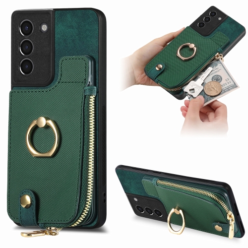 

For Samsung Galaxy S21 5G Cross Leather Ring Vertical Zipper Wallet Back Phone Case(Green)