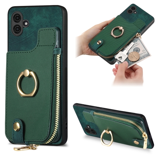 

For Samsung Galaxy A04e Cross Leather Ring Vertical Zipper Wallet Back Phone Case(Green)