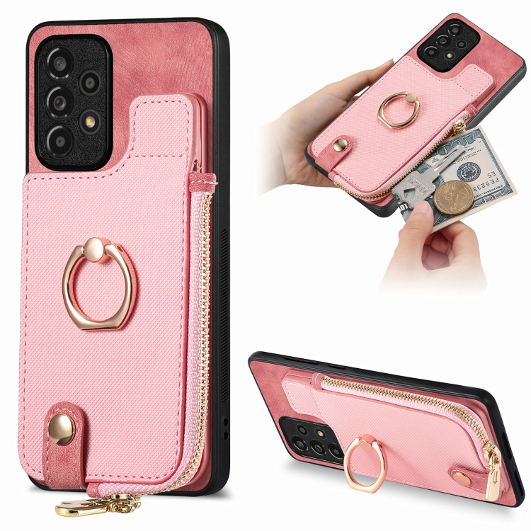 

For Samsung Galaxy A13 4G Cross Leather Ring Vertical Zipper Wallet Back Phone Case(Pink)