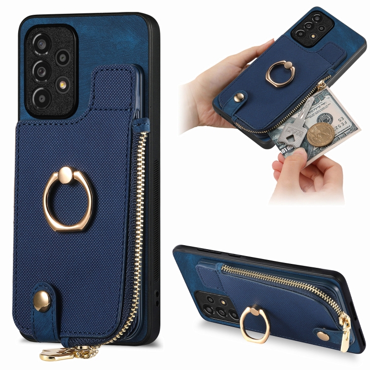 

For Samsung Galaxy A13 4G Cross Leather Ring Vertical Zipper Wallet Back Phone Case(Blue)