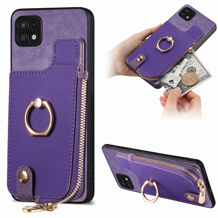 

For Samsung Galaxy A22 5G Cross Leather Ring Vertical Zipper Wallet Back Phone Case(Purple)