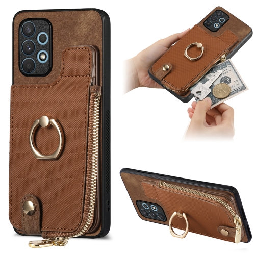 

For Samsung Galaxy A32 4G Cross Leather Ring Vertical Zipper Wallet Back Phone Case(Brown)