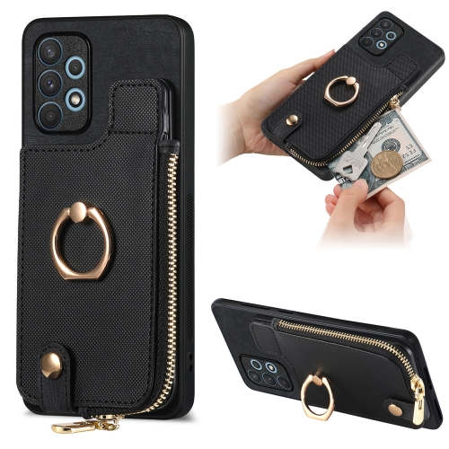 

For Samsung Galaxy A32 4G Cross Leather Ring Vertical Zipper Wallet Back Phone Case(Black)