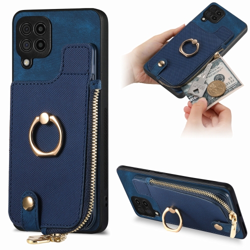 

For Samsung Galaxy A42 5G Cross Leather Ring Vertical Zipper Wallet Back Phone Case(Blue)