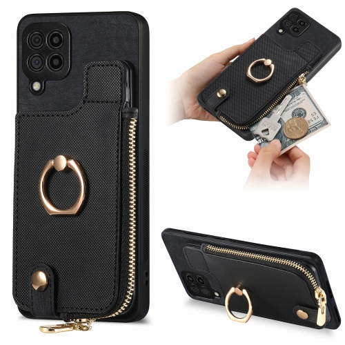 

For Samsung Galaxy A42 5G Cross Leather Ring Vertical Zipper Wallet Back Phone Case(Black)