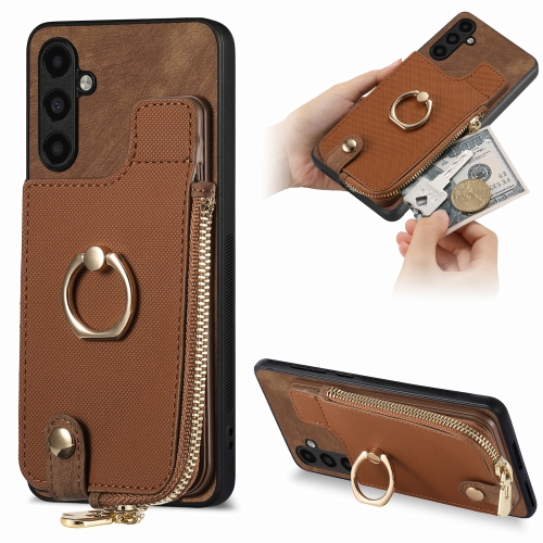 For Samsung Galaxy A54 5G Cross Leather Ring Vertical Zipper Wallet Back Phone Case(Brown) for iphone 14 plus magsafe crossbody multi functional zipper wallet litchi leather phone case white
