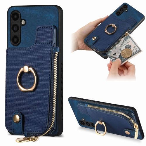 

For Samsung Galaxy A54 5G Cross Leather Ring Vertical Zipper Wallet Back Phone Case(Blue)