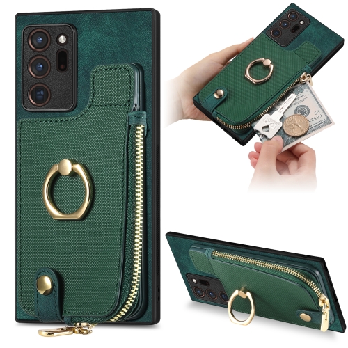 For Samsung Galaxy Note20 Ultra Cross Leather Ring Vertical Zipper Wallet Back Phone Case(Green)