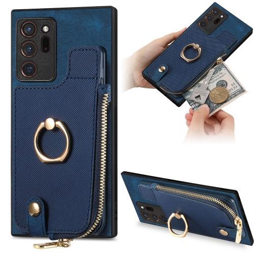 

For Samsung Galaxy Note20 Ultra Cross Leather Ring Vertical Zipper Wallet Back Phone Case(Blue)