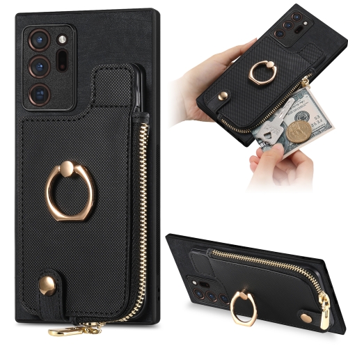 

For Samsung Galaxy Note20 Ultra Cross Leather Ring Vertical Zipper Wallet Back Phone Case(Black)