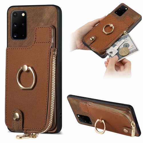 

For Samsung Galaxy S20+ Cross Leather Ring Vertical Zipper Wallet Back Phone Case(Brown)