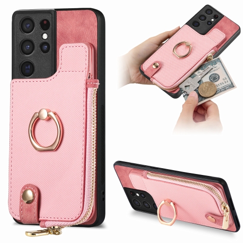 

For Samsung Galaxy S21 Ultra 5G Cross Leather Ring Vertical Zipper Wallet Back Phone Case(Pink)