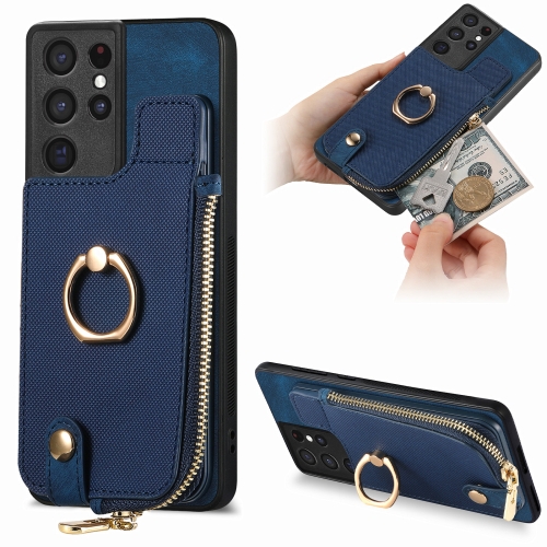 For Samsung Galaxy S21 Ultra 5G Cross Leather Ring Vertical Zipper Wallet Back Phone Case(Blue) for samsung galaxy a25 5g diamond lattice wallet flip leather phone case blue